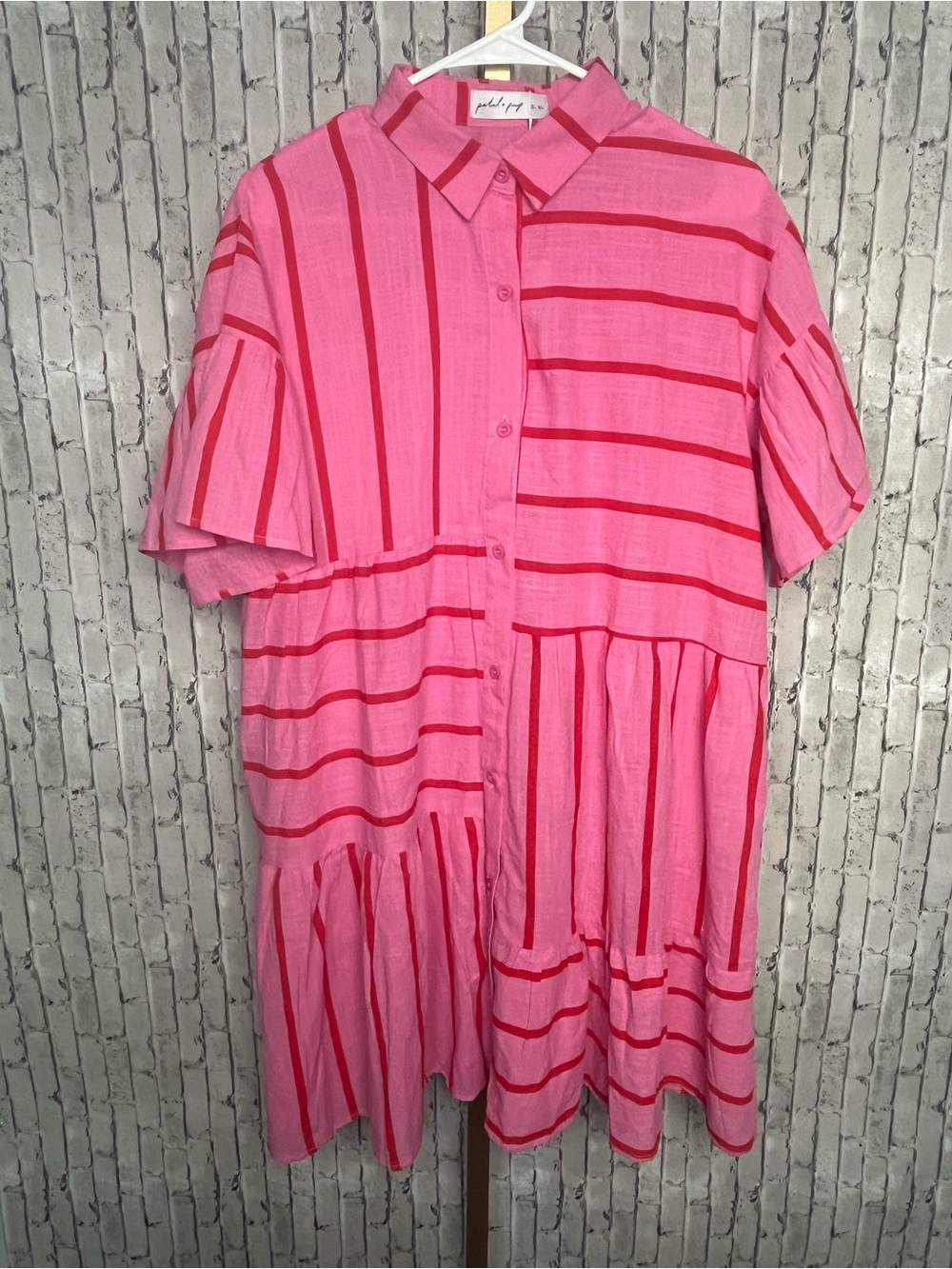 NWT Petal & Pup Peachy Striped Trapeze Mini Dress L pink & red striped cotton